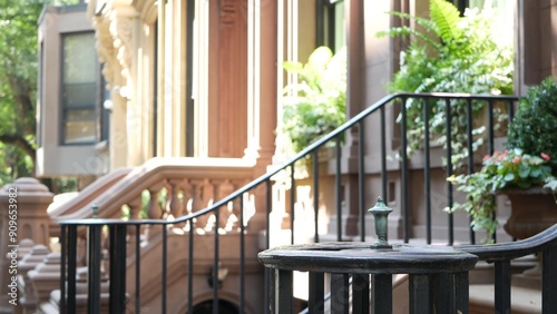 New York City townhouse building, Brooklyn Heights residential district, USA. Brownstone urban architecture, attached house. United States real estate, american property, apartments and homes in NYC.