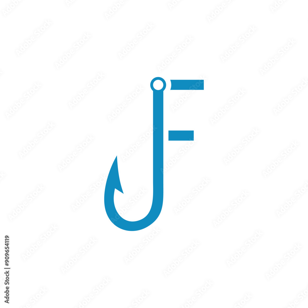 a combination of a fishing hook and a blue alphabet or initial or letter