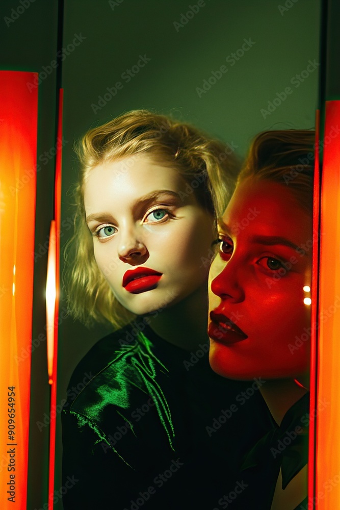 Φωτογραφία Woman in front of mirror with bright makeup vibrant colors fashion portrait