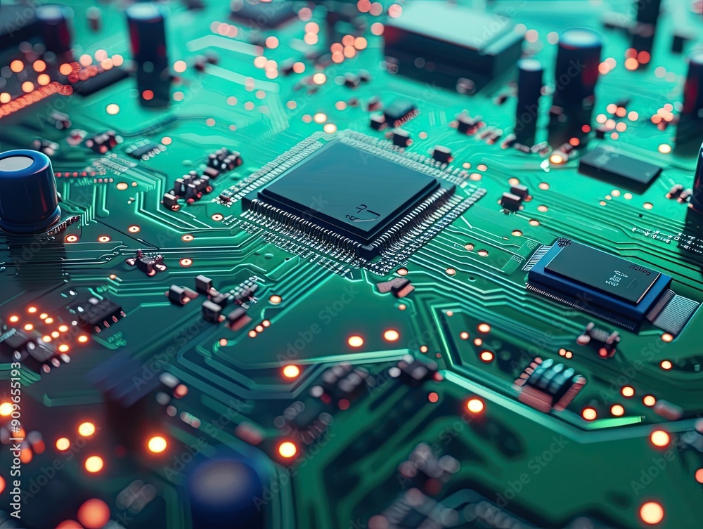 Fototapeta premium Close-up of a Green Circuit Board with a Chip and Glowing Components