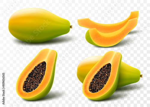 Set of colored papaya, isolated on transparent background. Pawpaw, papaya half with seeds, slice and whole juicy fruit. Tropical, exotic fruit. Realistic 3d vector illustration.