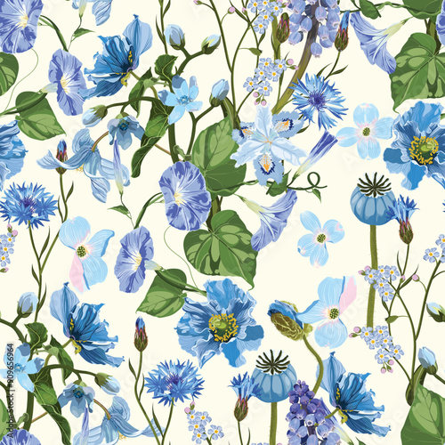 Seamless pattern with blue flowers on a white background with sequins. Hand drawn sketch. Template for floral textile design, paper, wallpaper, web.