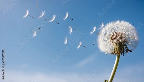 Dandelion with seeds blowing away in the wind across a clear blue sky with copy space. Ai Generative.