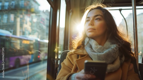 Businesswoman taking bus to work in the morning holding smartphone looking out of car window