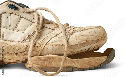 broken old used shoe isolated white background, part of dirty sport shoes or sneakers with tied lace in close-up side view with shadows photo