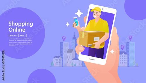 Ecommerce concept. Online shopping. Online delivery service concept. Fast delivery by scooter via mobile phone. 