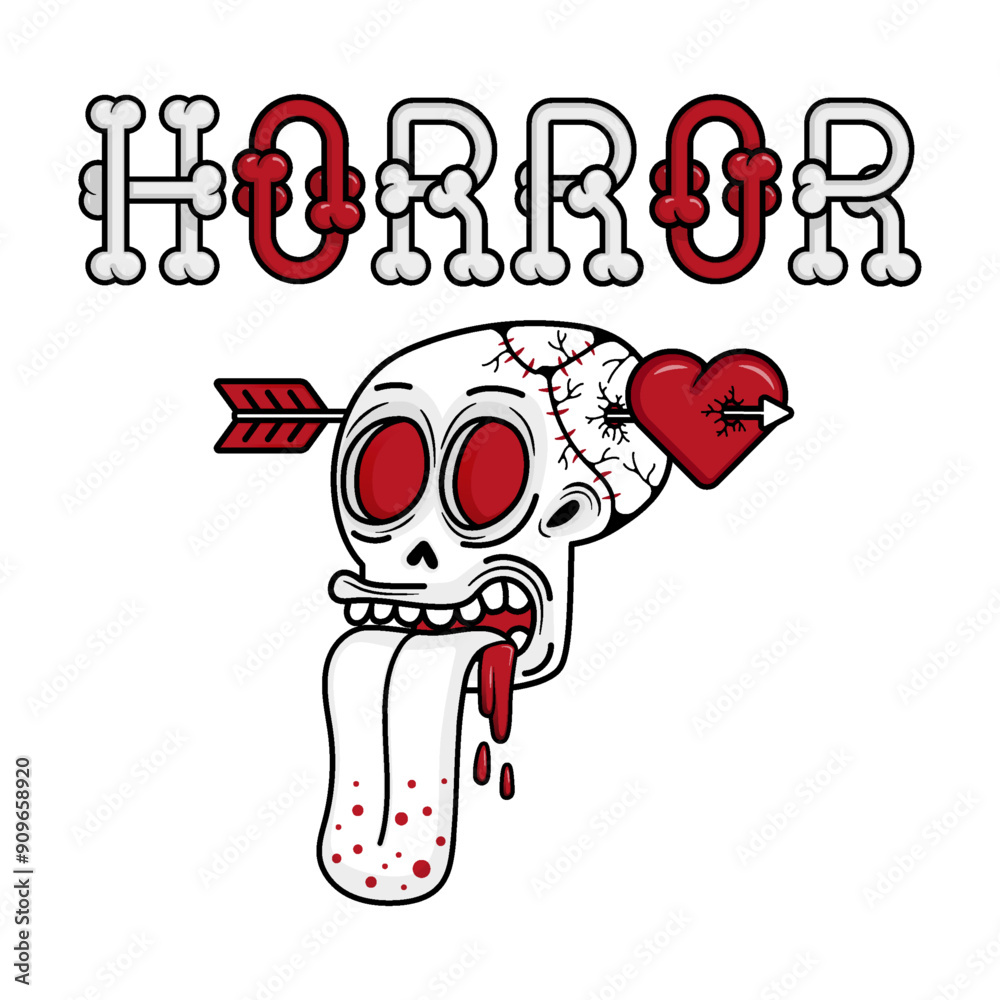 illustration of skull sticks out its tongue which is pierced by the arrow and hits the slashed heart. in outline and gothic horror cartoon style for apparel or clothing illustration of skull sticks out its tongue which is pierced by the arrow and hits the slashed heart. in outline and gothic horror cartoon style for apparel or clothing