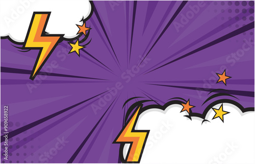 Pop art comic background with lightning flashes, stars and clouds. cartoon frame, retro cover halftone effect. Purple colored cartoon comic abstract background template