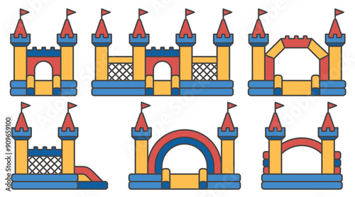 Bouncy castle color icons set. Inflatable house pictograms with slide for air trampoline park and children playground for jumping. Inflated equipment for amusement park and kids zone. Vector