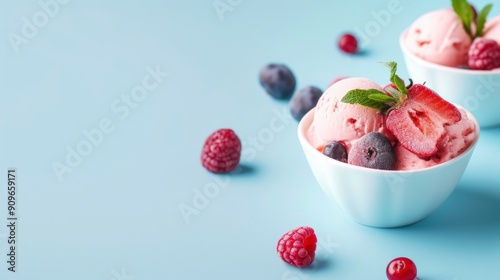 Ice cream in stylish dishes with fruit decorations, on a light blue background, stock photo, free space for text with generative ai