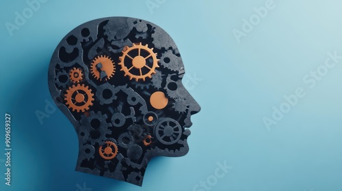 A creative representation of the human mind with gears symbolizing thoughts and ideas, illustrating innovation and intelligence.