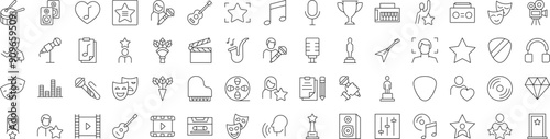 Collection of icons of actor, singer, music and theatre for Advertisement. Suitable for books, stores, shops. Editable stroke in minimalistic outline style. Symbol for design