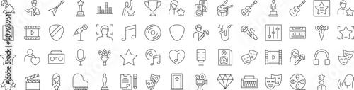 Collection of Line Icons of actor, singer, music and theatre for Adverts. Suitable for books, stores, shops. Editable stroke in minimalistic outline style. Symbol for design