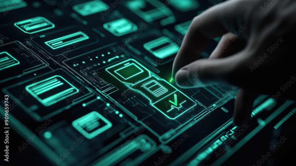 A futuristic hand interacting with a digital touchscreen interface, showcasing advanced technology and innovative design. A futuristic hand interacting with a digital touchscreen interface, showcasing advanced technology and innovative design.
