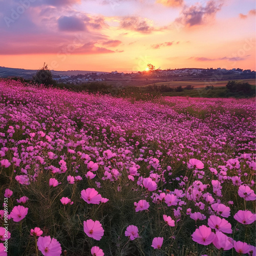 Wallpaper Mural pink flowers field at sunrise, bright colors, north of israel landscape Torontodigital.ca