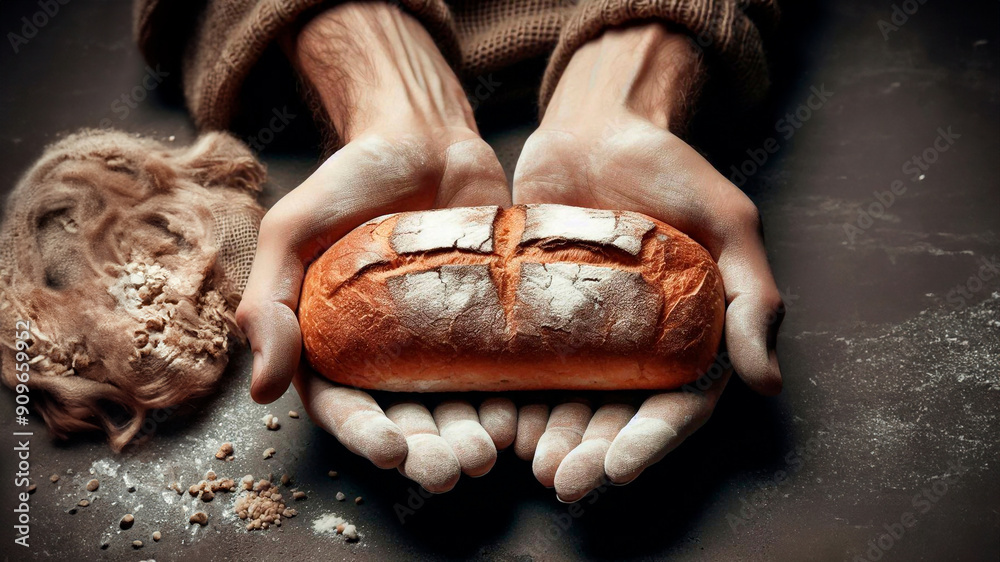 Obraz premium Last bread in hands, close up, concept of poverty and hunger