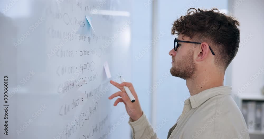 Man, coding and reading on whiteboard in office for review, system integration and software or algorithm development. Research scientist, board and planning with equation, script and analysis. Man, coding and reading on whiteboard in office for review, system integration and software or algorithm development. Research scientist, board and planning with equation, script and analysis.
