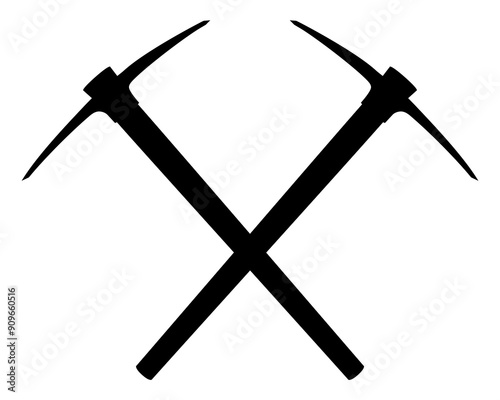 Crossed pickaxe hammers silhouette isolated on white. Geological rock pick hammer. Hand percussion tool for master stonemasons, builders, sculptors for processing of stone. Black icon vector