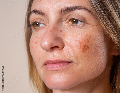 Closeup of Woman Face with Actinic Keratosis, Freckles, Age Spots, Wrinkles, and Sun Damage photo