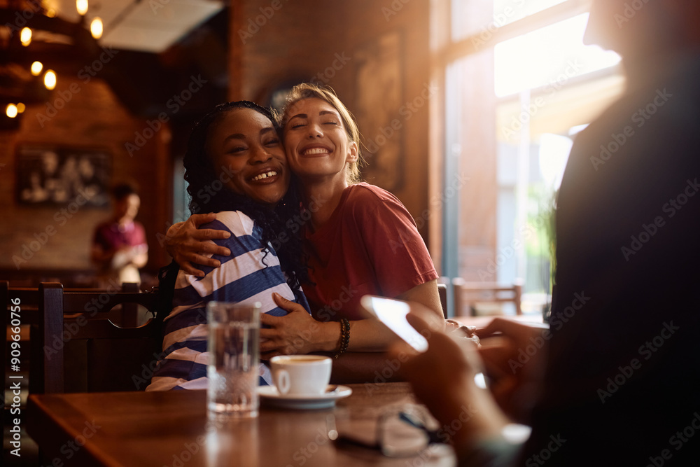Happy female friends embracing while gathering in café. Happy female friends embracing while gathering in café.