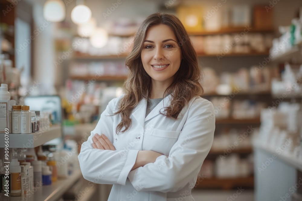 Confident female pharmacist in well-stocked pharmacy Confident female pharmacist in well-stocked pharmacy