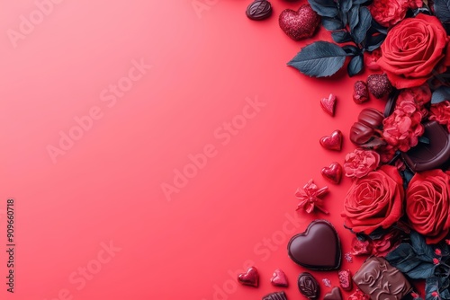 A romantic arrangement of red roses, chocolates, and hearts on a vibrant red background, perfect for Valentine's Day. photo
