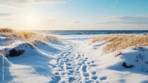 Wallpaper Mural A serene winter landscape featuring snow-covered paths leading to the ocean, illuminated by a soft sunset glow. Torontodigital.ca