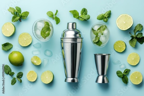 A flat lay of silver cocktail shakers and glasses with mojito ingredients like lime and mint leaves on the side, set against an isolated pastel blue background. photo