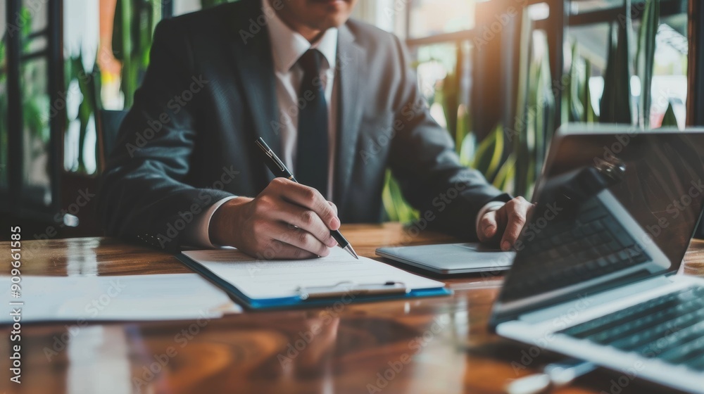 Businessman signing contract documents in office. Businessman signing contract documents in office.