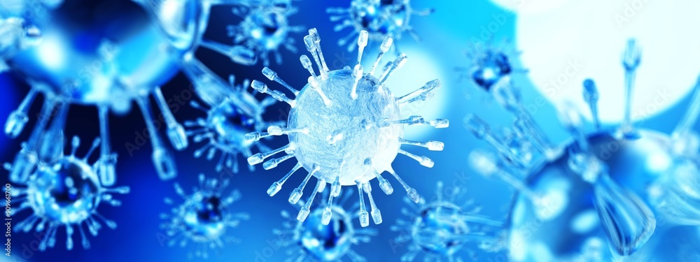 Viral infection close-up, virus on blurred background, infection abstract, 3d rendering Viral infection close-up, virus on blurred background, infection abstract, 3d rendering