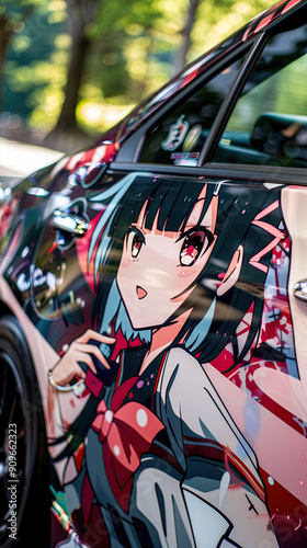 Photo of a itasha car wrapped with anime waifu design close-up