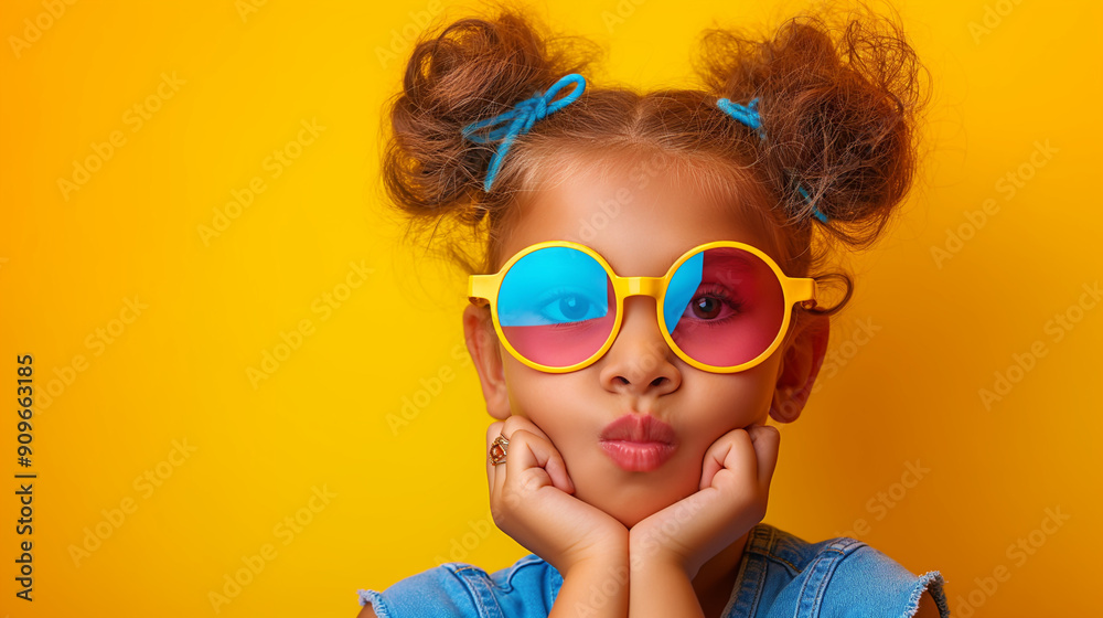 Banner with empty copy space. Cute child with curly hair in colorful sunglasses against yellow background Banner with empty copy space. Cute child with curly hair in colorful sunglasses against yellow background