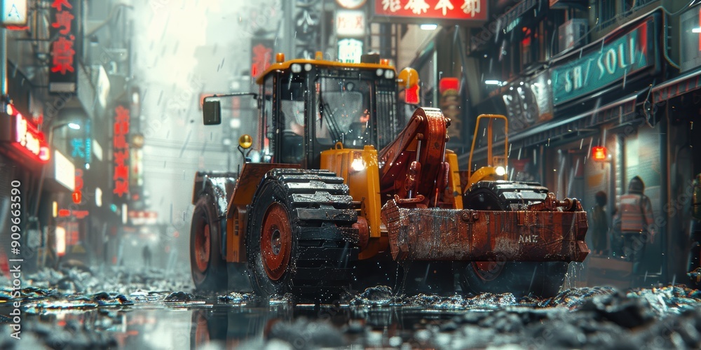Heavy Machinery in a Rainy Cityscape Heavy Machinery in a Rainy Cityscape