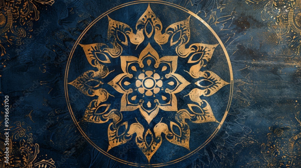 Golden mandala design on a dark blue textured background. Golden mandala design on a dark blue textured background.