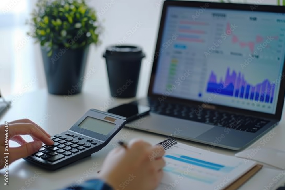 Businessperson working on a project, analyzing financial data on laptop and calculator. Businessperson working on a project, analyzing financial data on laptop and calculator.