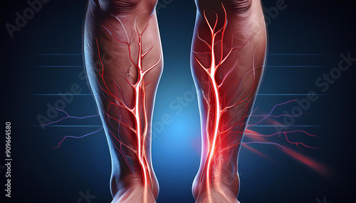 A detailed depiction of deep vein thrombosis (DVT) in a leg, highlighting the affected veins with clear medical imaging.  photo