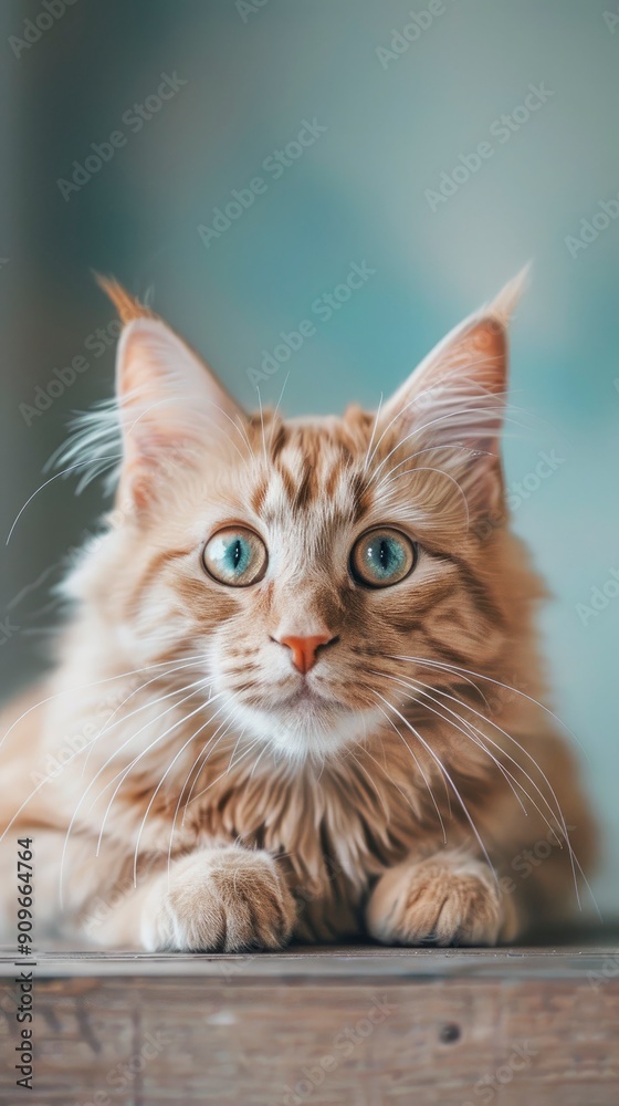 International Cat Day August 8 Poster. Portrait of a big cat with orange blue eyes on a table with empty space above it with generative ai International Cat Day August 8 Poster. Portrait of a big cat with orange blue eyes on a table with empty space above it with generative ai