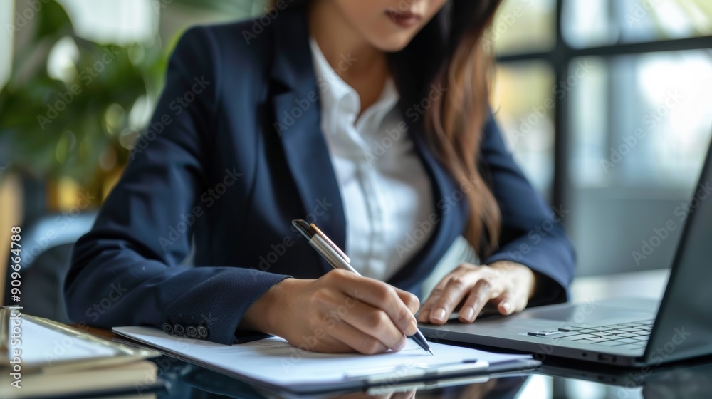 Businesswoman Signing Documents at Desk. Businesswoman Signing Documents at Desk.
