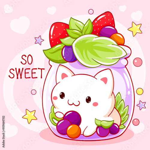 So cute card. Tiny cat with berries in glass bottle. Kawaii kitty with strawberry and blueberry. Fresh Beverage and Drink. Can be used for t-shirt print, sticker, greeting card. Vector EPS8