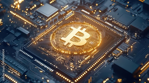 Illuminated Bitcoin logo on a circuit board, symbolizing cryptocurrency technology and digital finance innovation. photo