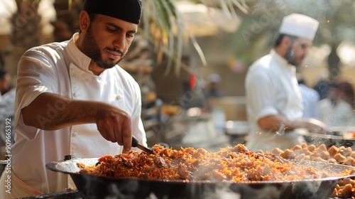 Chef Stirring a Pot of Steaming Food photo