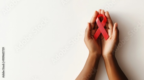 Concept of World AIDS Day , hands holding a red ribbon on white background , Generative AI