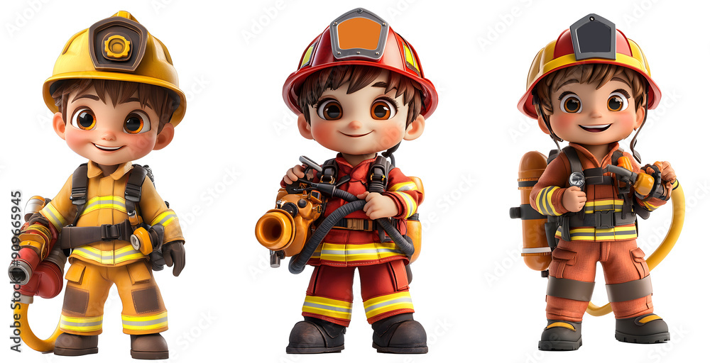 set of 3d cartoon firefighters, PNG file, transparent background set of 3d cartoon firefighters, PNG file, transparent background