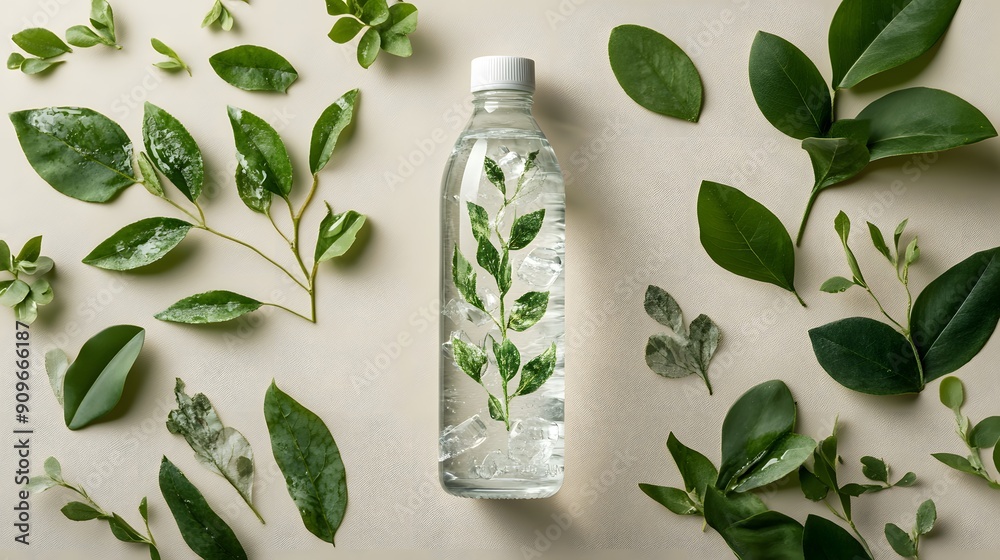 Flatlay of water bottle packaging, featuring creative generative AI elements on a minimalist background Flatlay of water bottle packaging, featuring creative generative AI elements on a minimalist background