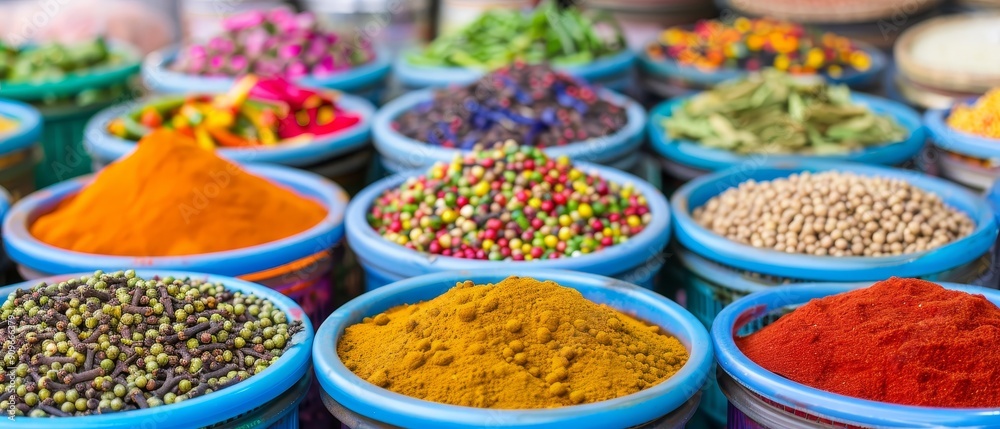 colorful spices displayed in blue bowls at an asian market - aromatic herbs and seasonings for cooking colorful spices displayed in blue bowls at an asian market - aromatic herbs and seasonings for cooking