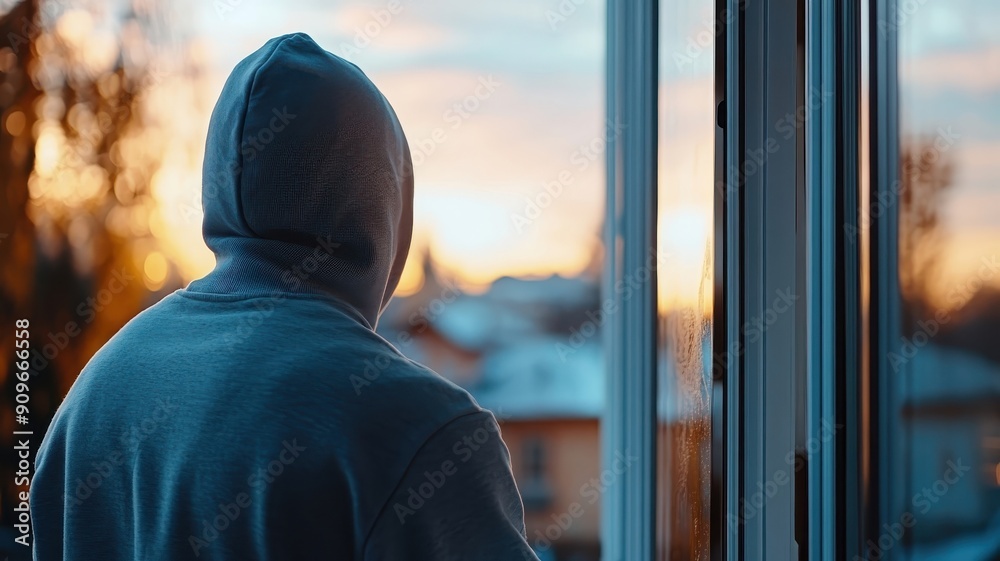 Hooded figure using glass cutter on windowpane. Hooded figure using glass cutter on windowpane.