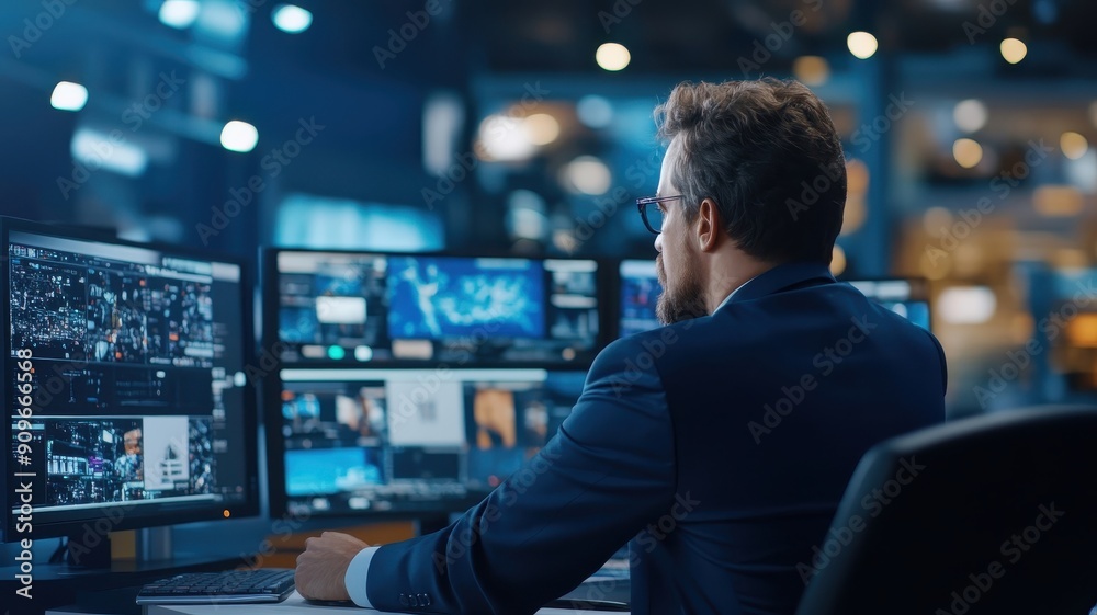 News anchor in modern studio with multiple screens. News anchor in modern studio with multiple screens.