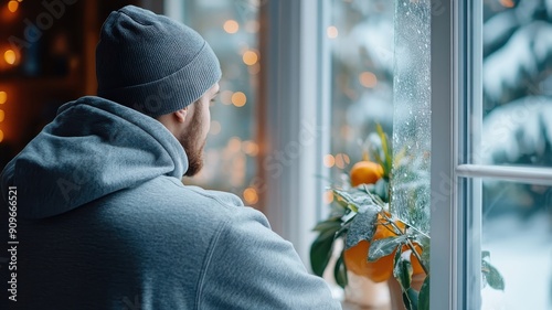 Hooded figure using glass cutter on windowpane. photo