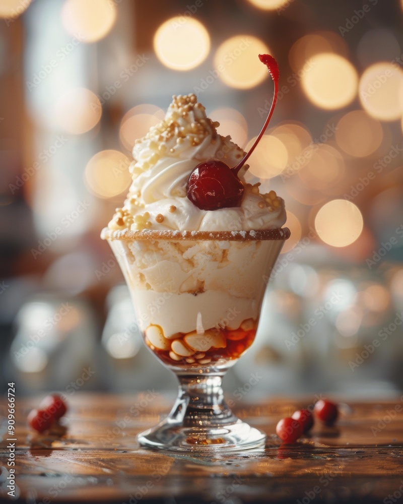 A delicious dessert with whipped cream, a cherry, and a caramel sauce. AI. A delicious dessert with whipped cream, a cherry, and a caramel sauce. AI.