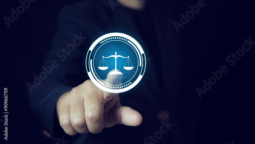 businessman touching law technology symbol on virtual screen.Justice and laws concept. law and vision concept with businessman touching screen on virtual background Generative AI